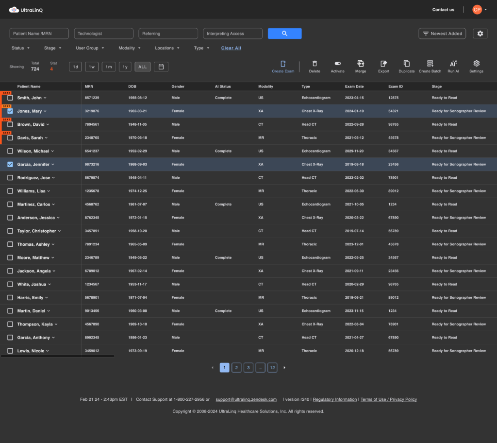 UltraLinQ Cloud PACS software interface showing patient list in light and dark mode