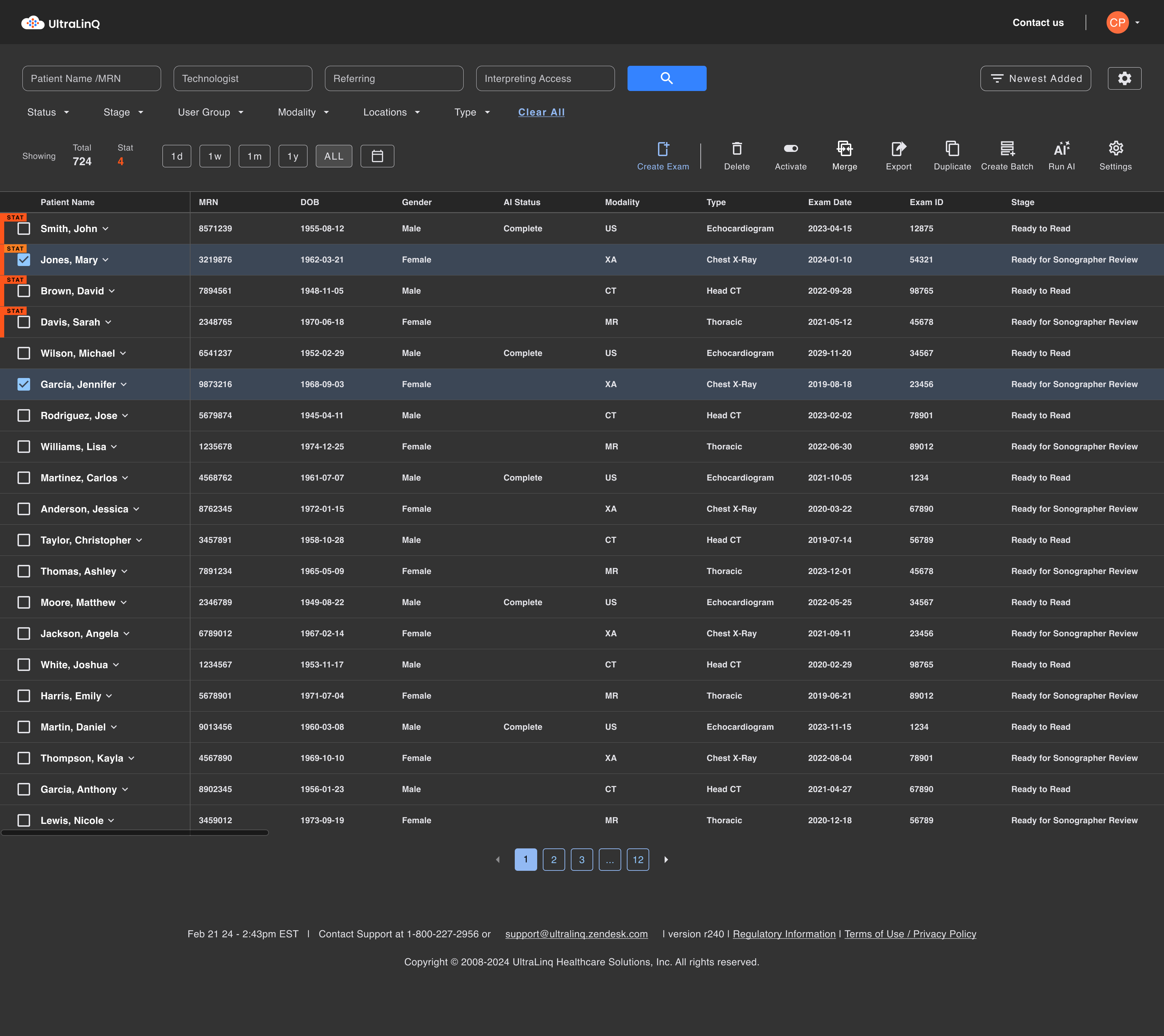 UltraLinQ Cloud PACS software interface showing patient list in light and dark mode