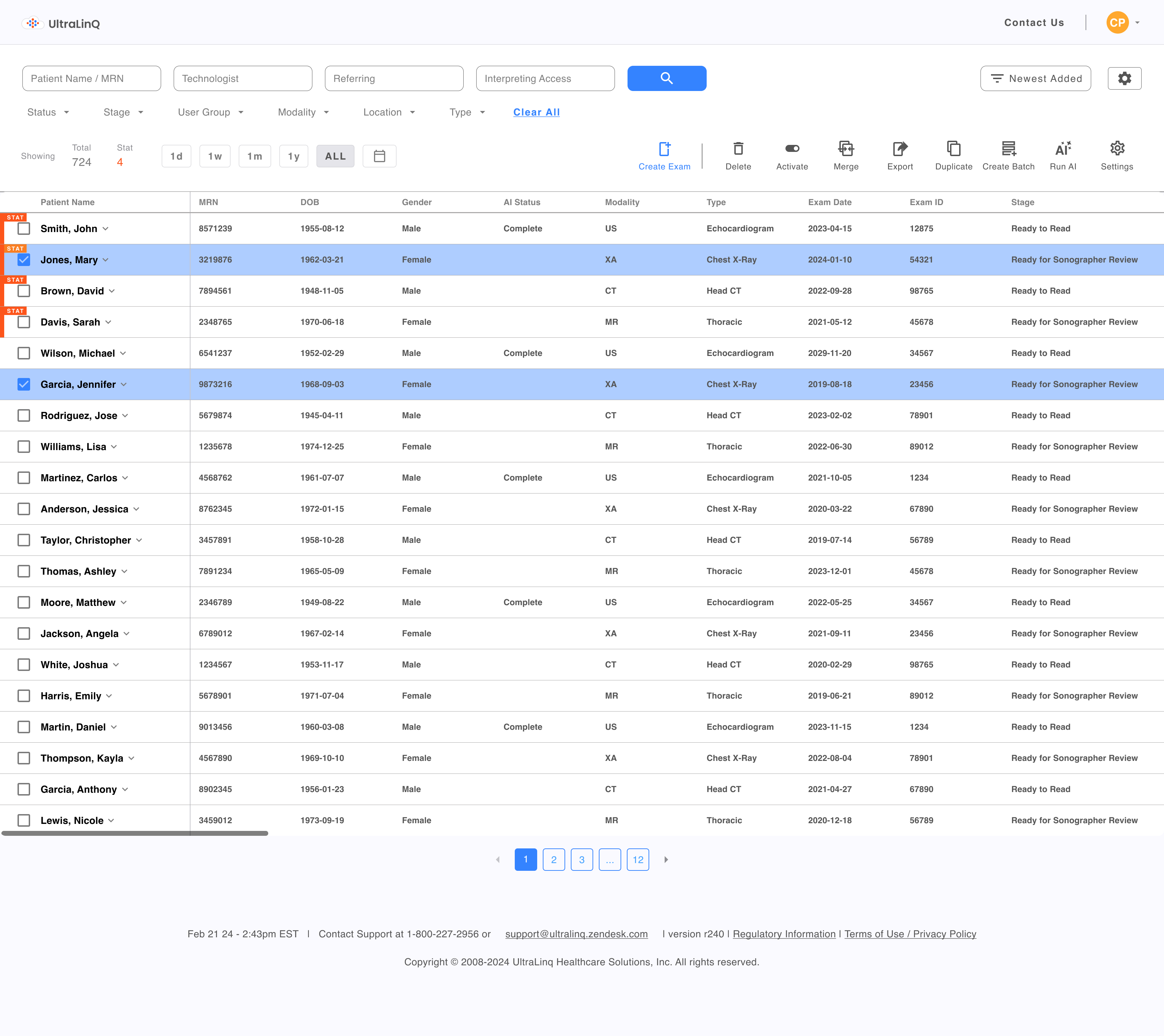 UltraLinQ cloud PACS software interface showing patient list in light and dark mode